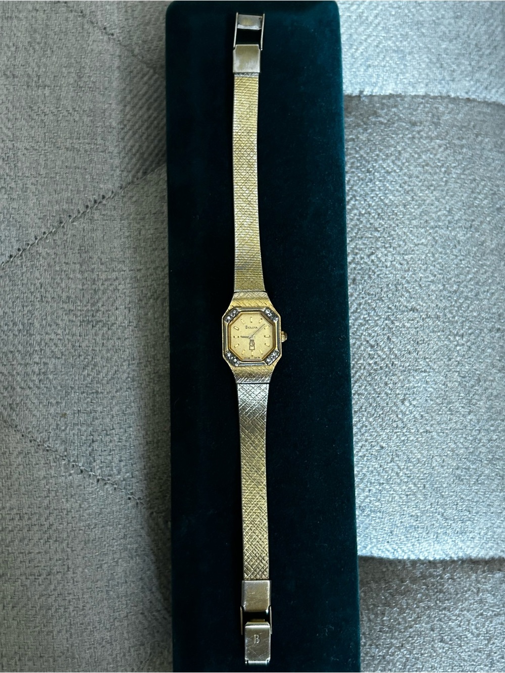 Vintage Bulova Gold Tone Women's Mesh Bracelet Watch with Octagonal and Diamonds